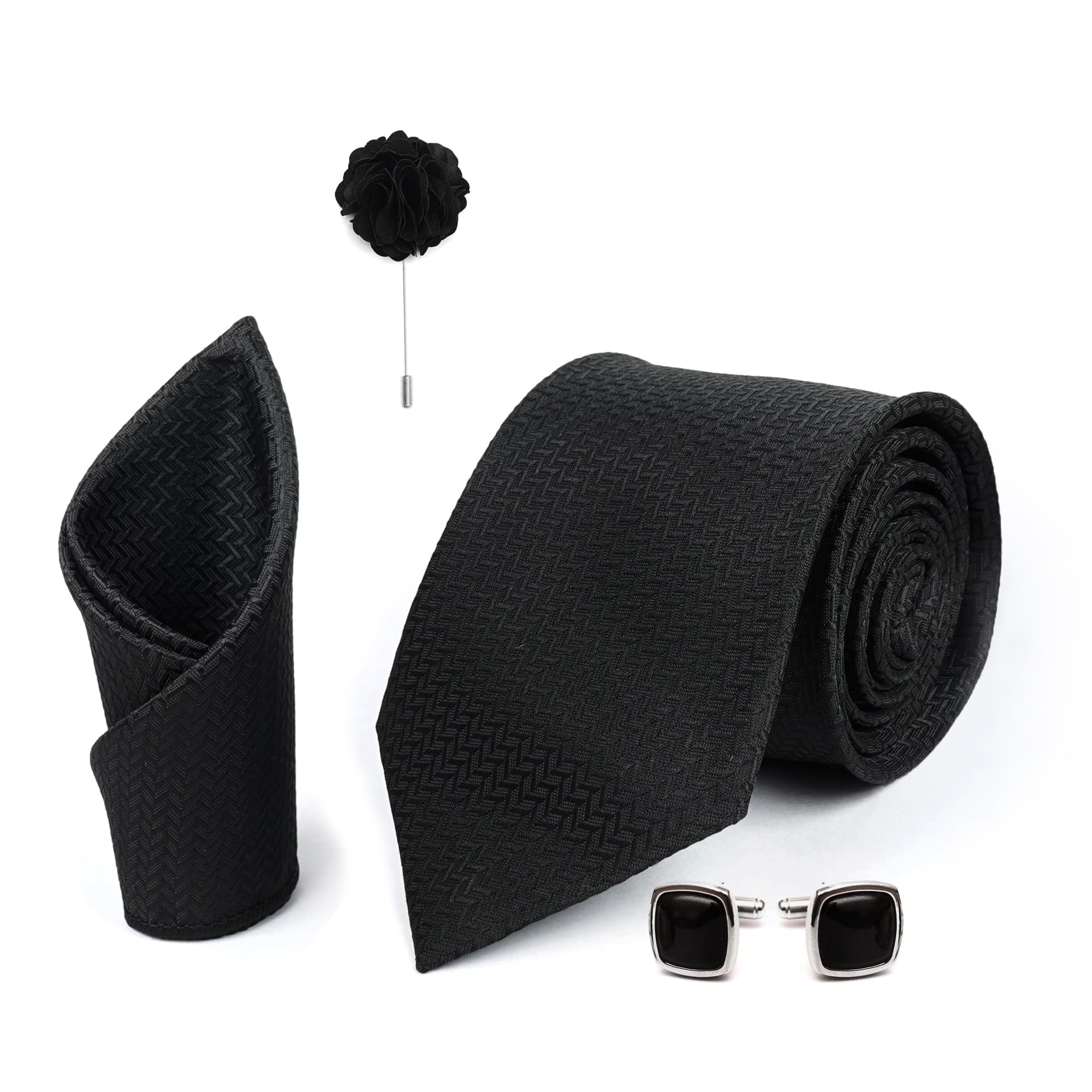 CalixtoMens Microfiber criss cross pattern Silky Necktie Gift Set With Pocket Square Cufflinks & Brooch Pin Formal Tie With Leatherite Box | (Leather Gift Box) (Pack of 4)