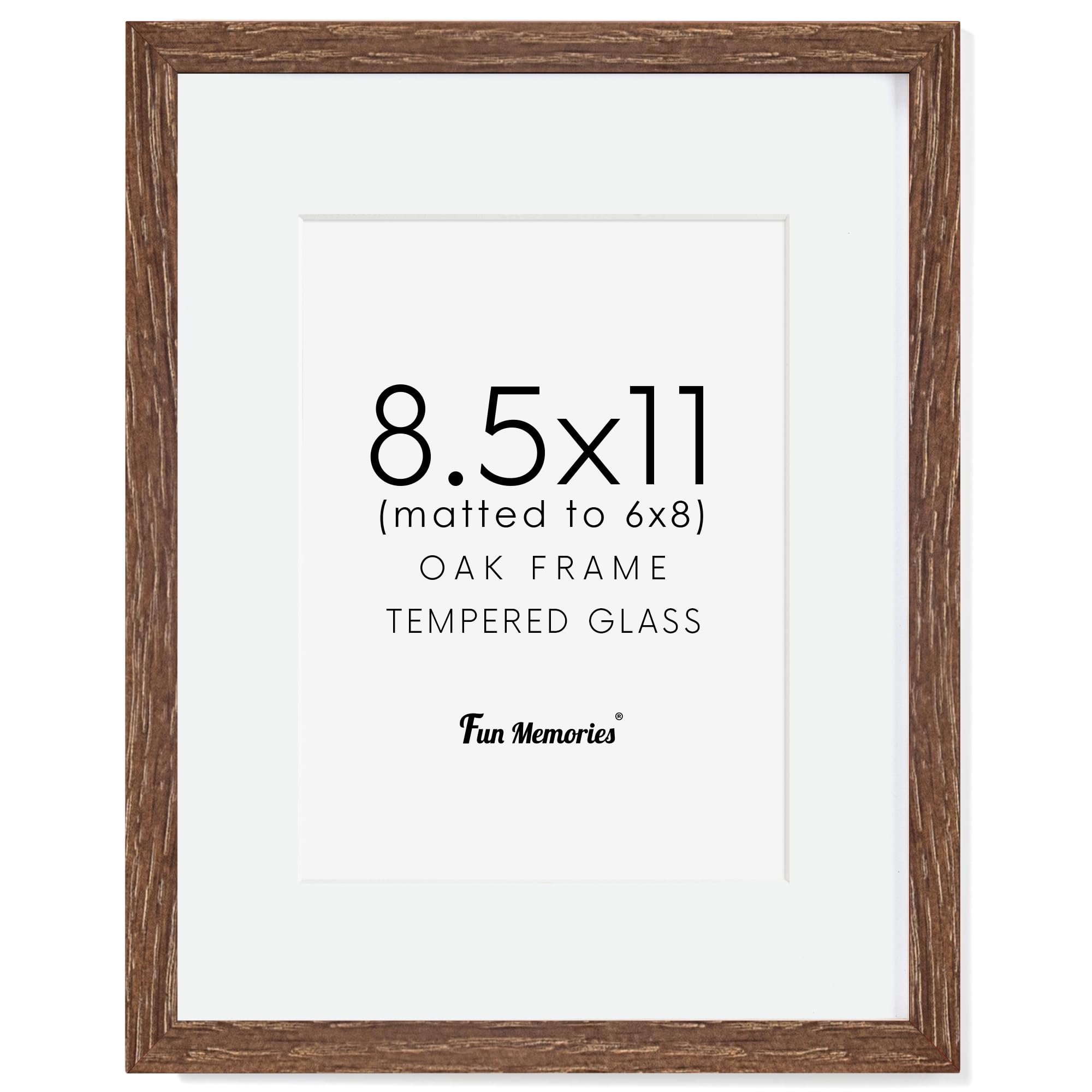 Fun Memories Picture Frame 8.5x11, Natural Oak Wood 8.5 x 11 Photo Frame, 8.5 by 11 Frame for Wall, 8.5x11 Picture Frame with Mat for 6x8, Tempered Real Glass, Walnut Color, Set of 1 โ image 1