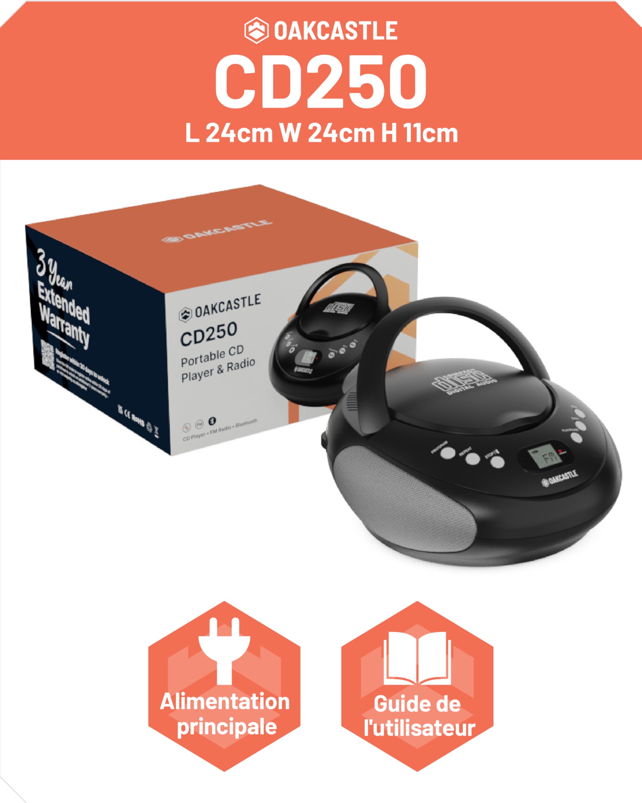 Boombox CD Bluetooth Portable avec Radio FM | CD, CD-R, CD-RW | 30 présélections | Commandes faciles, écran LED, Prise Casque | OAKCASTLE CD250 (Noir)