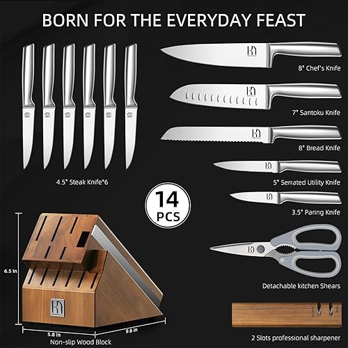 Miniatura 2 de Juego de bloques de cuchillos con afilador de dos etapas, 14 piezas, cuchillos de cocina japoneses de acero inoxidable japonés con asas ergonómicas