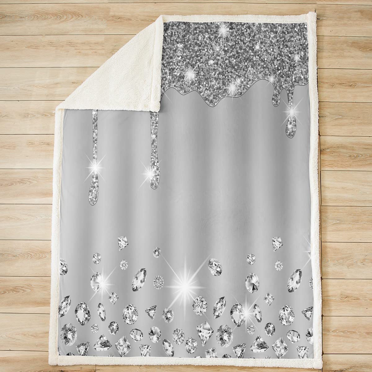 Loussiesd Silver Glitter Throw Blanket (No Glitter) Blingations Grey Plush Blanket for Bed Sofa Kids Diamond Jewelry Sherpa Blanket Breathable Warm Fuzzy Blanket Double 60x79 Inch - Image 2
