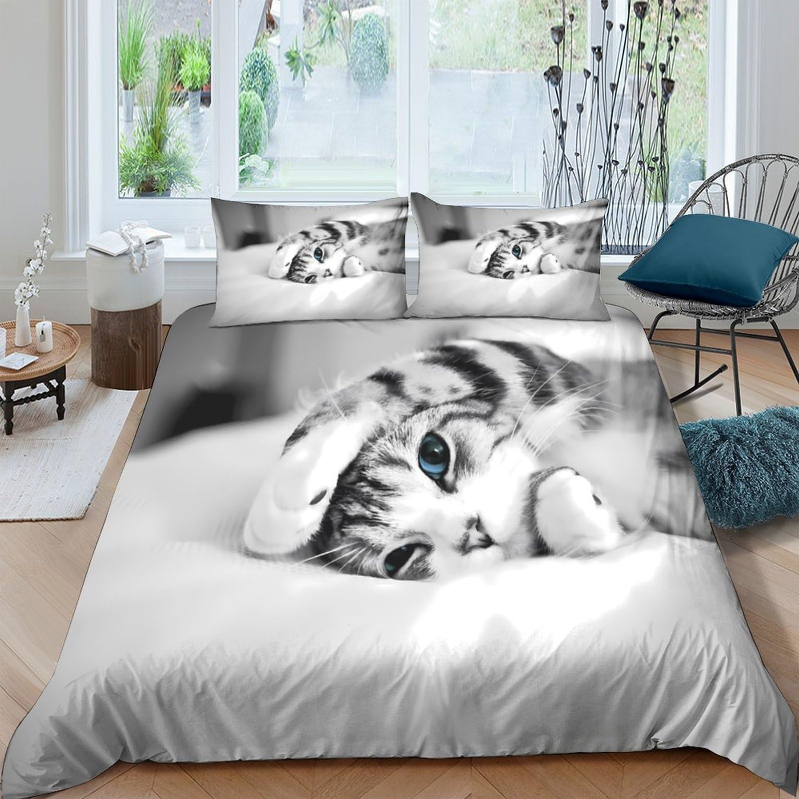 GPLZQXKJNH 3D Printed Cute Cat Duvet Cover Microfiber Soft Breathable Kitten Bedding Set with 2 Pillowcases for Bedroom Decor, Single（135x200cm）
