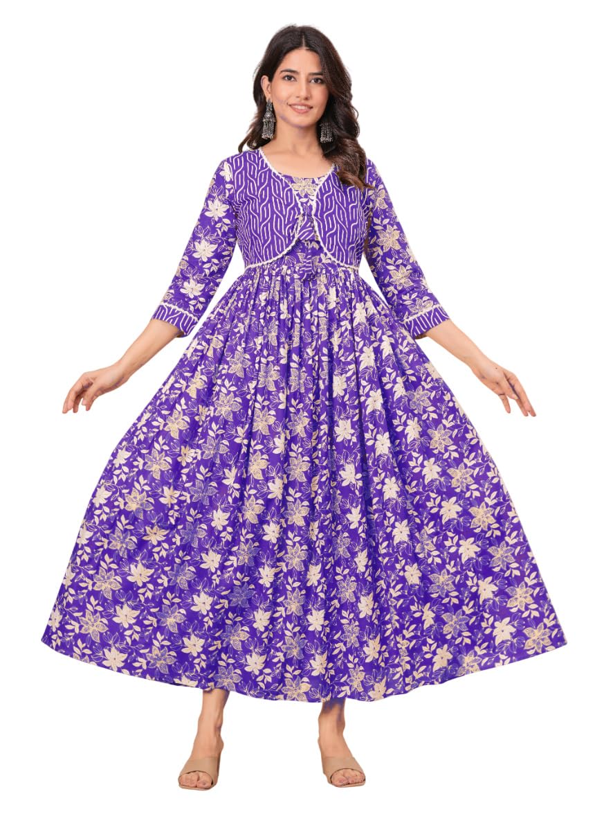 Cotton Women's Anarkali Maternity Feeding Kurti/Kurta with Zipper Covered by Jacket| Comfortable & Elegant Pre and Post Pregnancy Kurti Dress/Kurta Dress