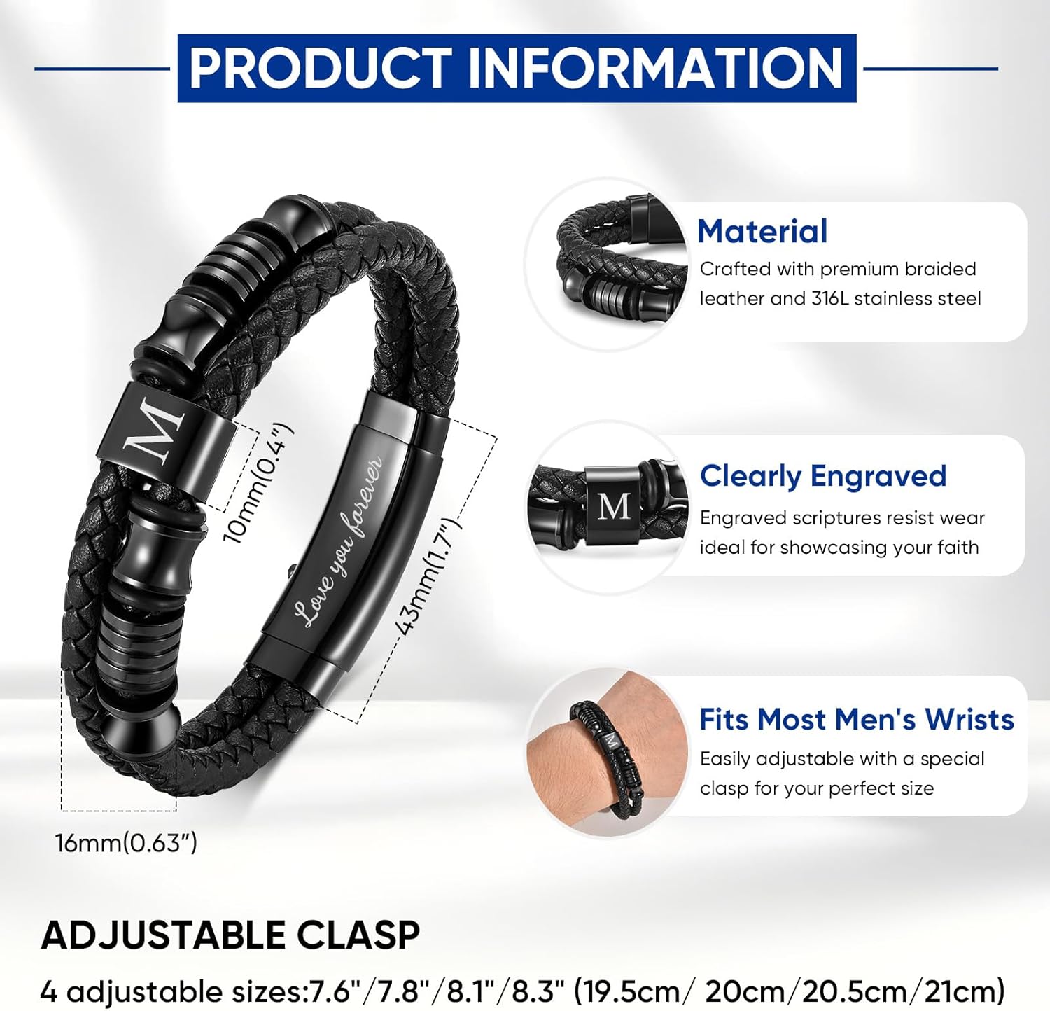 Initial Braided Leather Bracelets for Men - Double-Row Braided Mens Leather Bracelet Adjustable Wristband Initial Bracelet with Stainless Steel Clasp Unique Jewelry Gifts for Husband Dad Friend Son - Image 4