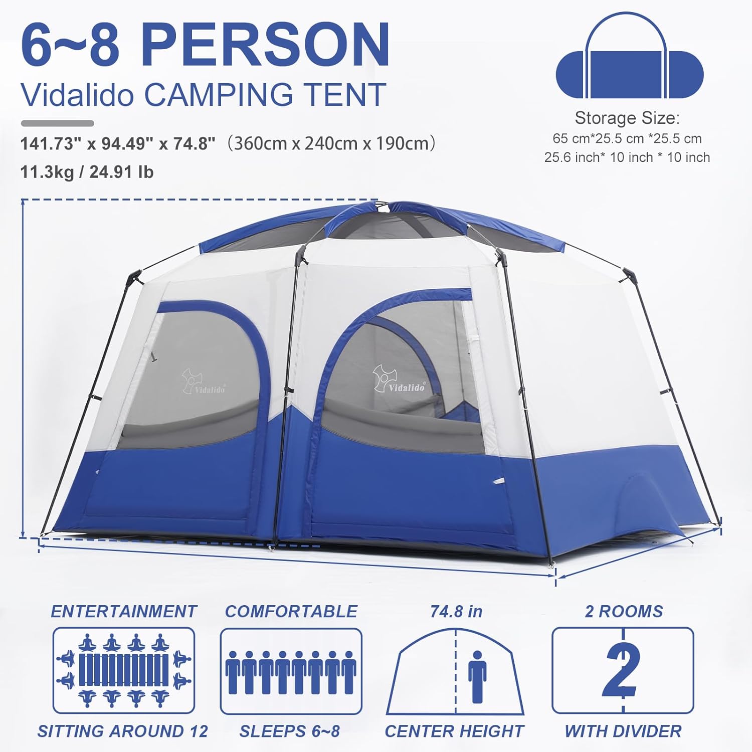 vidalido tents?6-8 person camping tent with extended vestibule?2 room weather resistant family tents?easy install waterproof outdoor tent for backpacking and camping hiking blue
