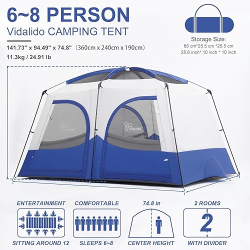 Miniatura 2 de Vidalido Tiendas de campaña, tienda de 6-8 personas para acampar con vestíbulo extendido, tiendas familiares de 2 habitaciones resistentes al clima,