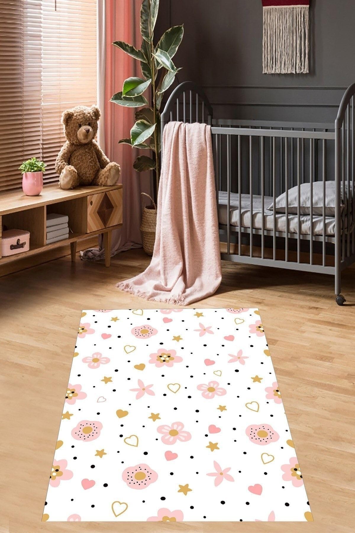 Pelangi Pembe Çiçek Desenli Kalpli Yıldızlı Dijital Baskı Yıkanabilir Kaymaz Leke Tutmaz Çocuk Odası Halısı, Pembe-Beyaz 160 x 230