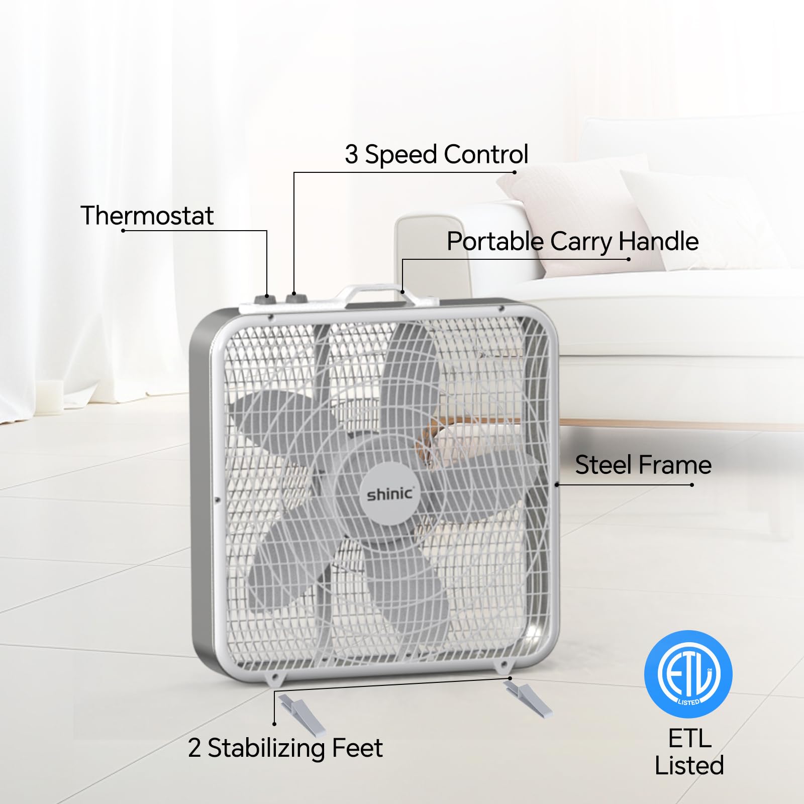 shinic 50,8 cm Kastenventilator mit Thermostat, 3-Gang-Metallrahmen, Fensterboxventilator mit Tragegriff und rutschfesten Füßen, automatische Temperaturregelung, Kühlventilator für Schlafzimmer