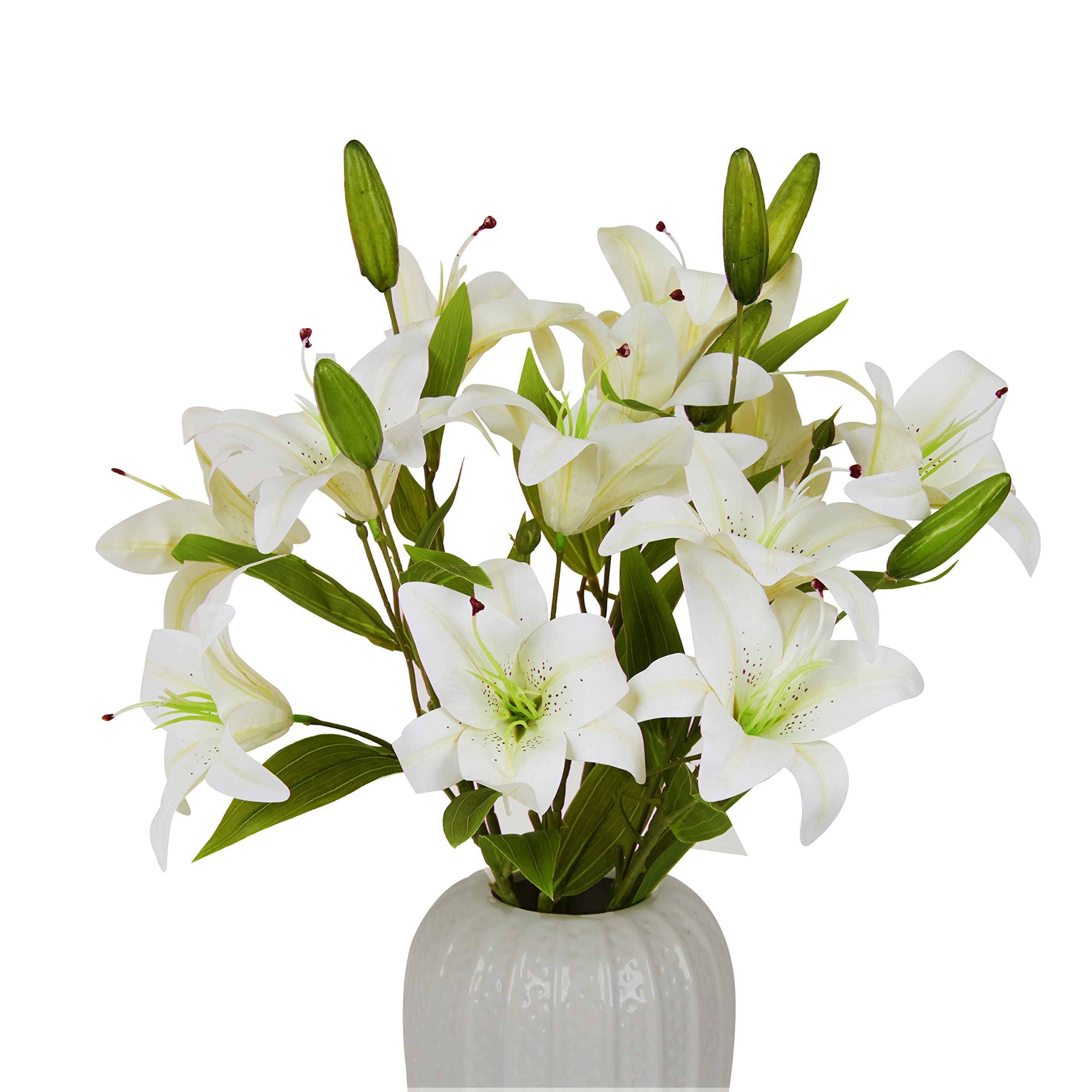 cn-Knight 6pcs Artificial Lily Flowers,23 Inch Long Stem Tiger Lily Branch with 2 Full Blooms and 1 Bud, Latex Real Touch Lilium Flower for Home Décor Centerpiece Wedding Bouquet,White