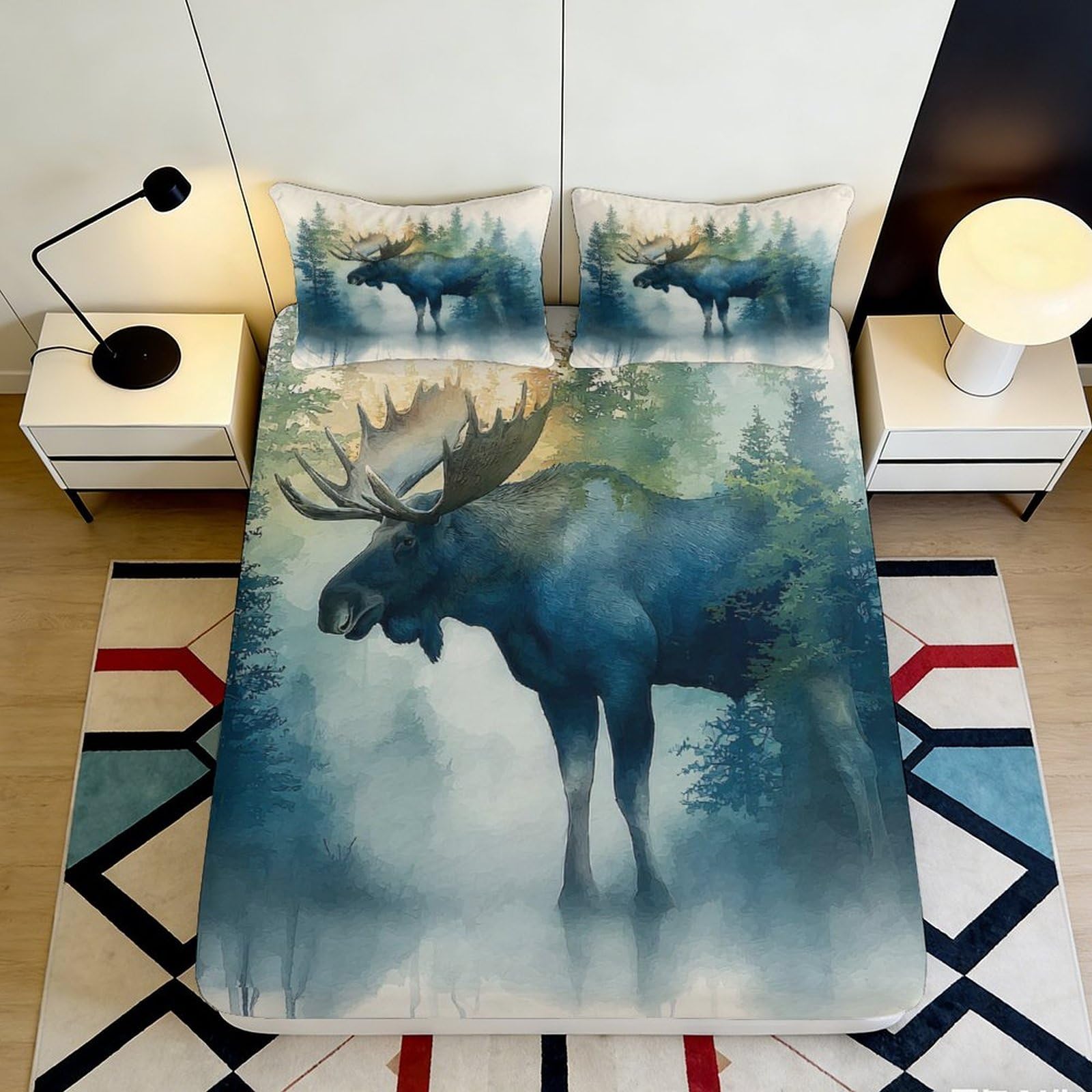 3D Printed Moose Forest Fitted Sheet Microfiber Soft Non-Slip Animal Art Mattress Cover for Bedroom Dorm Easy Care 160x200x25cm