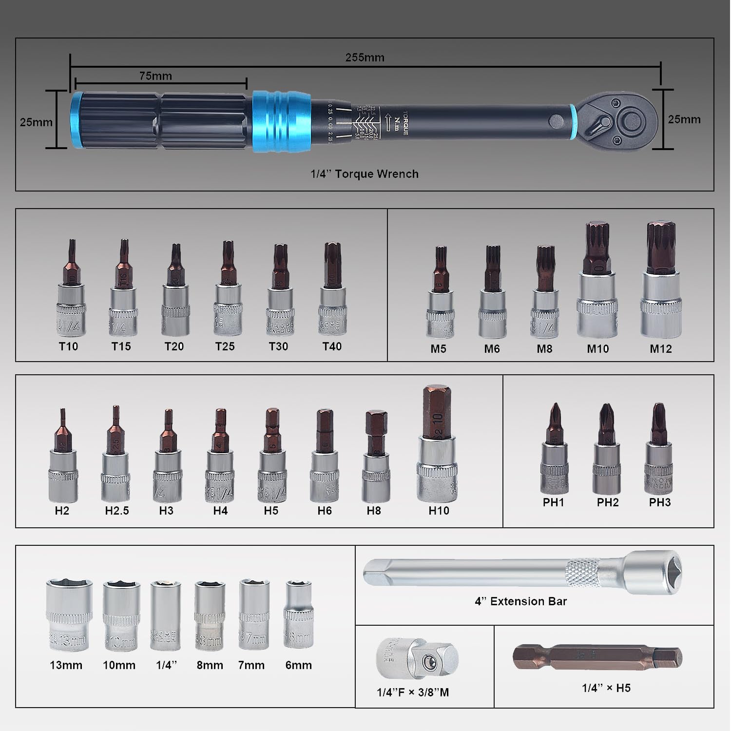 Lot de 32 clés dynamométriques à cliquet réglables de 1/4" pour vélo, 5–25 Nm, ± 3% de précision d'erreur, avec 1 barre d'extension de 10,2 cm, douilles 6–7–8–10–13 mm pour voiture, moto