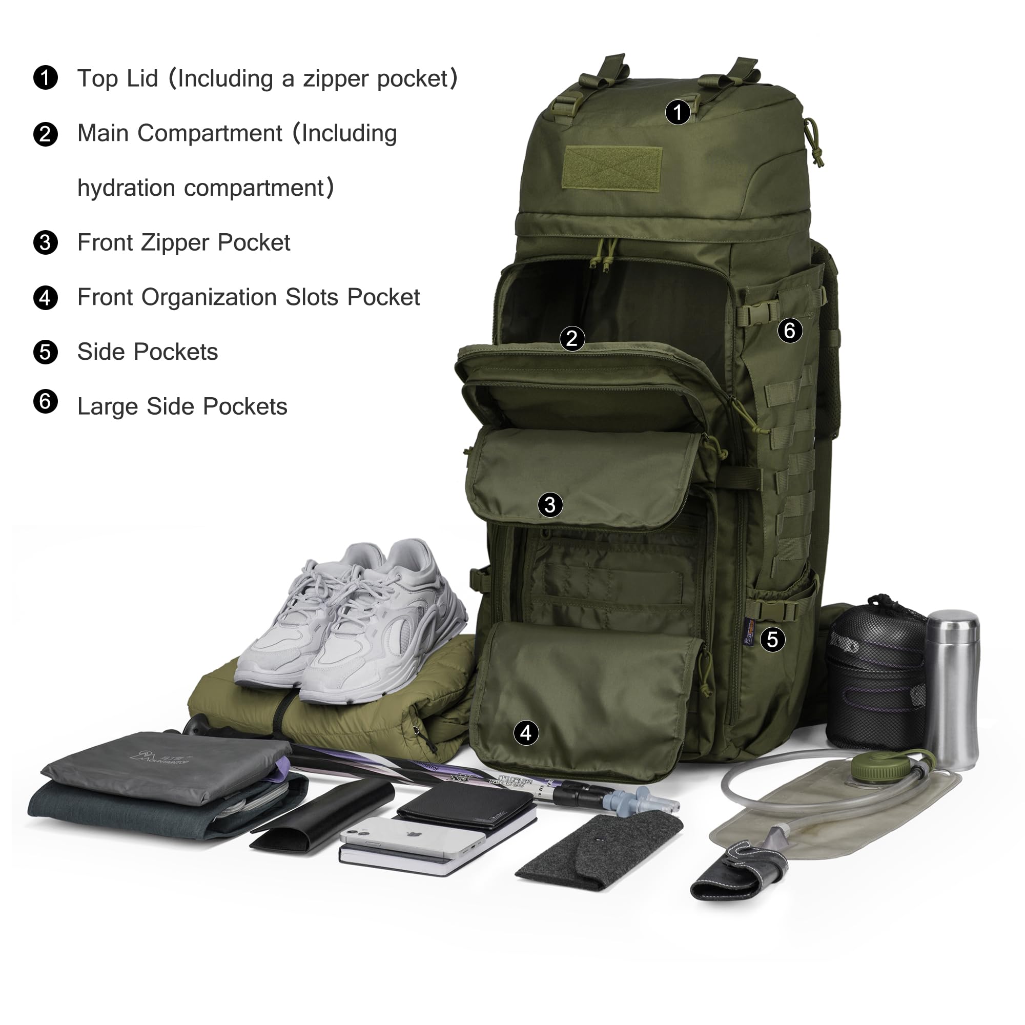 Mardingtop 75L Zaino Tattico Militare da Trekking e Montagna con Copertura Antipioggia, Sistema MOLLE, Grande Capacità per Escursionismo ed Esterno (75l-Verde Militare)