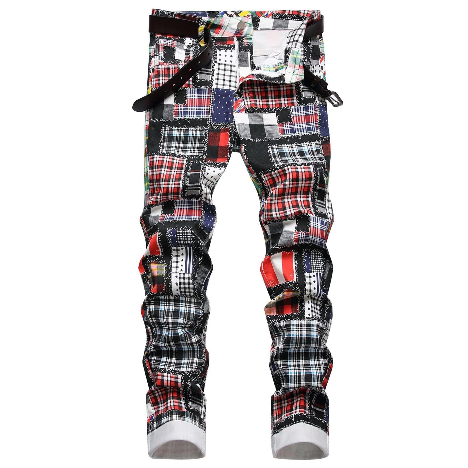 Pantalones Hombre Vaqueros-Pantalones de Mezclilla elásticos Ajustados con Contraste de Color de Cilindro Recto de Retazos a Cuadros con Estampado Digital
