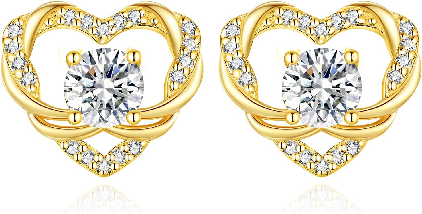 OOBEE Moissanite Heart Stud Earrings for Women, 925 Sterling Silver Fine Jewelry with 18K Gold Plated, Ideal Wedding Birthday Anniversary Christmas Gifts for Women Wife Mom Girlfriend Daughter