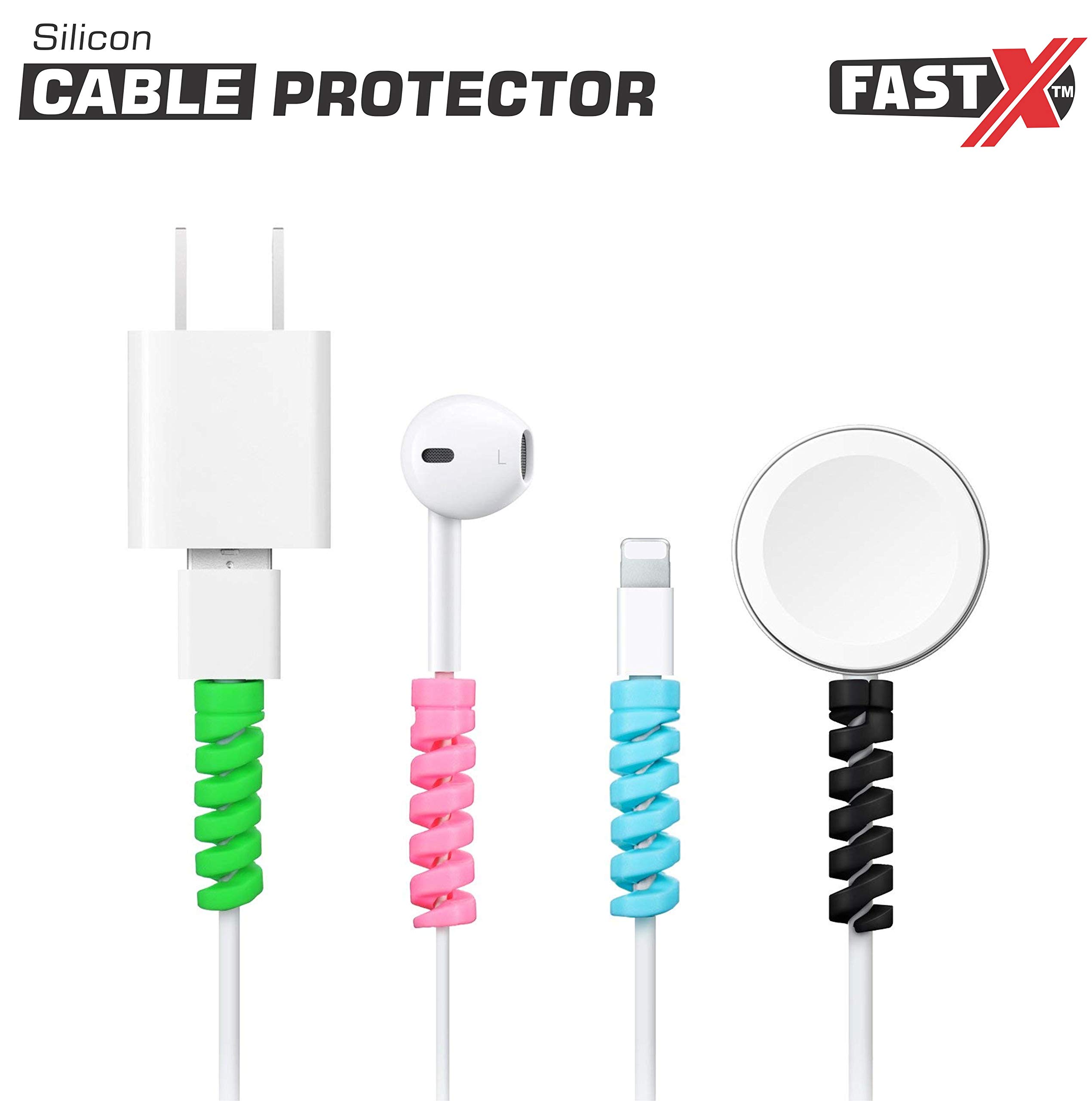 FASTX™ Spiral Charger and USB Cable Protector for i-Phone, Lightning, Android, Smartphones, Earphones. Multipurpose Spring Style Silicone Cable Protector Mix Colors
