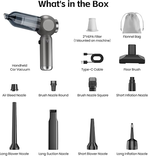 Miniatura 8 de Aspirador portátil para automóvil de alta potencia 17500 Pa, mini aspiradora ligera, aspiradora de mano con pantalla LED de 3 velocidades, múltiples