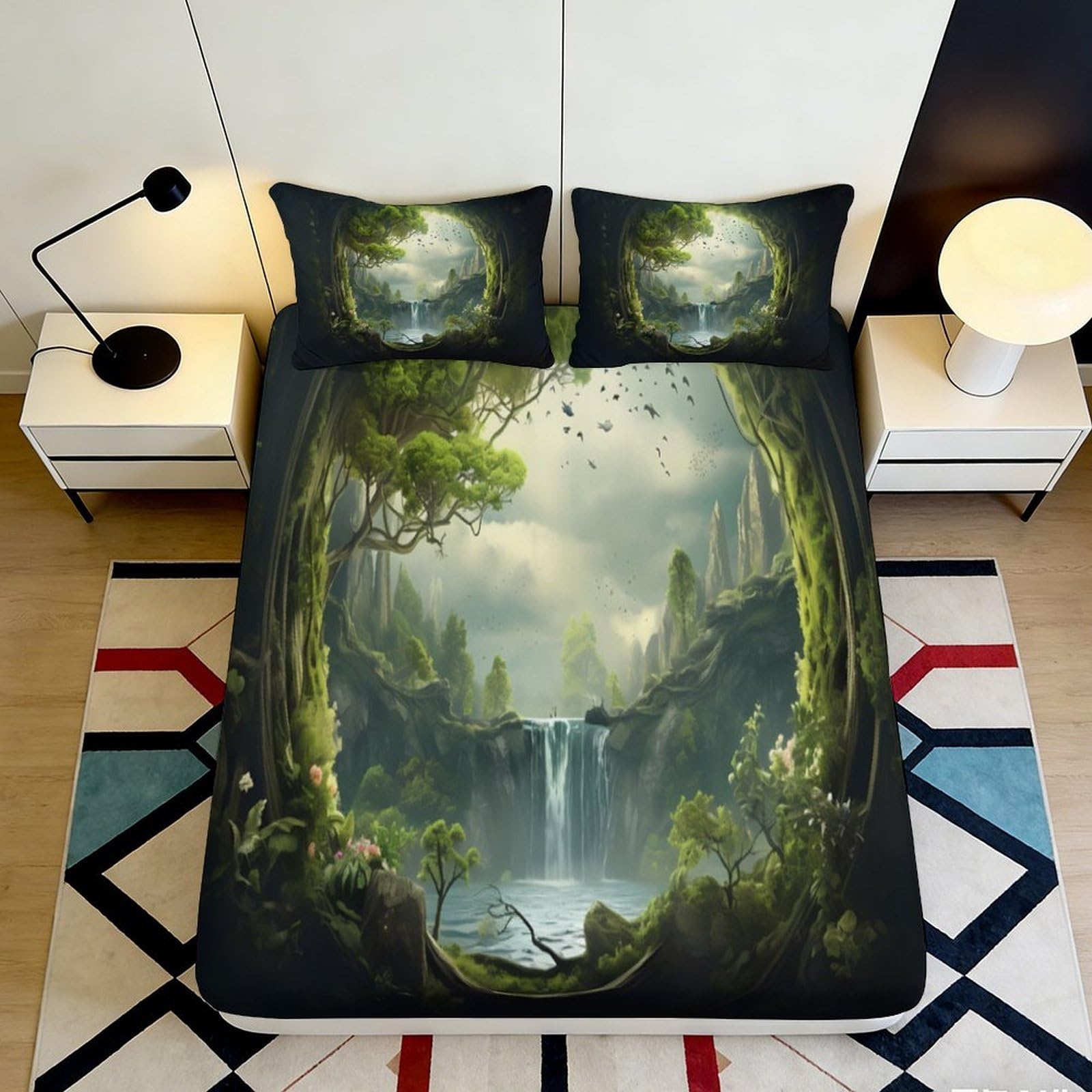 3D Printed Enchanted Forest Fitted Sheet Microfiber Soft Breathable Waterfall Bed Cover for Bedroom Dormitory Guest Room Mattress Protection Decor 140x200x25cm