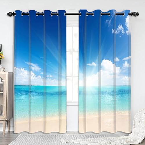 Miniatura 2 de Renaiss Cortinas opacas para ventana de paisaje de playa tropical, para dormitorio, paisaje náutico, para sala de estar, 53 pulgadas de ancho x 84