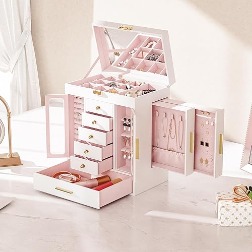 Miniatura 3 de Joyero, caja organizadora de joyas, tapa superior con espejo, cajones extraíbles, 10.2 pulgadas de largo x 6.5 pulgadas de ancho x 12.6 pulgadas de