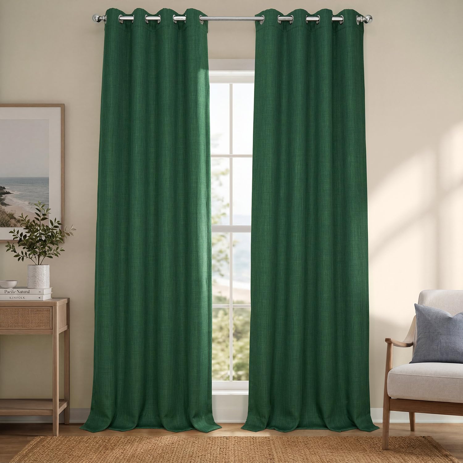 Grommet Faux Linen Curtains for Living Room (1 Panel) 50W X 96L, Key Green