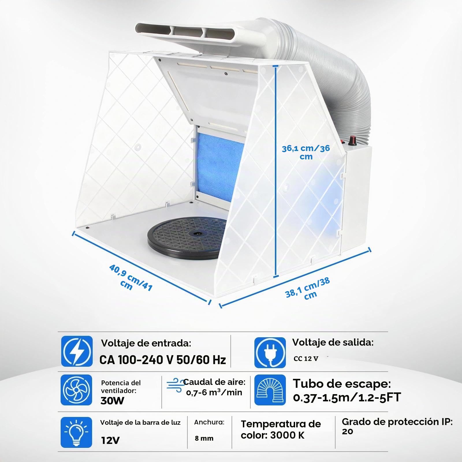 ABEST cabina de pintura con aerógrafo, ventilador potente ajustable y 4 luces LED, filtro de 2 capas con plato giratorio de 19 cm, 16 barras de cocodrilo para pintura, modelismo y artesanía
