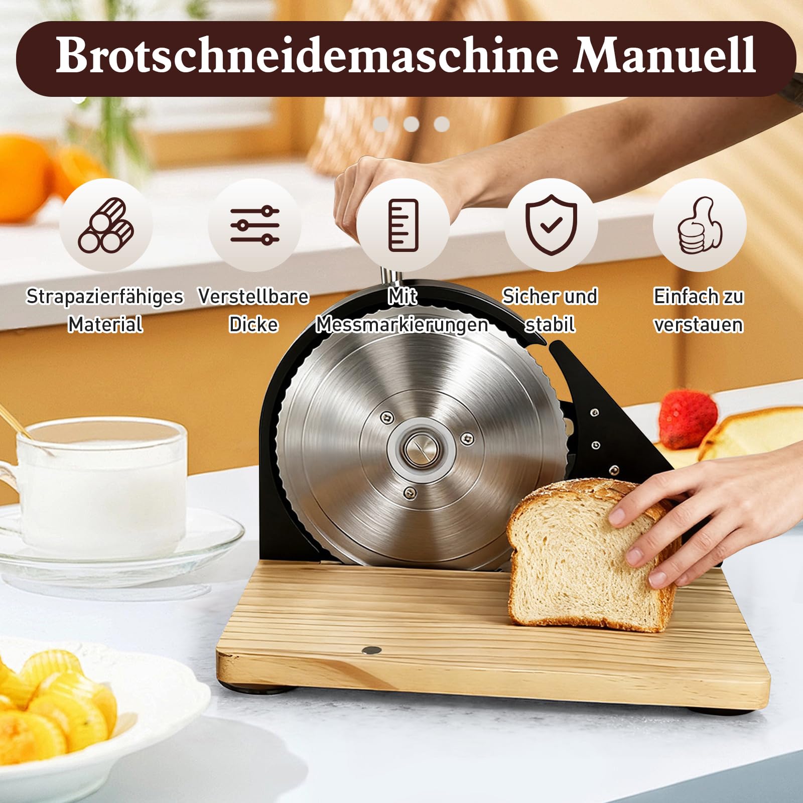 Brotschneidemaschine,Brotschneidemaschine Manuell(Faltbar),Allesschneider | Edelstahl 304, Mit Skala,Einstellbare Scheibendicke,Für Käse,Brot und Gemüse