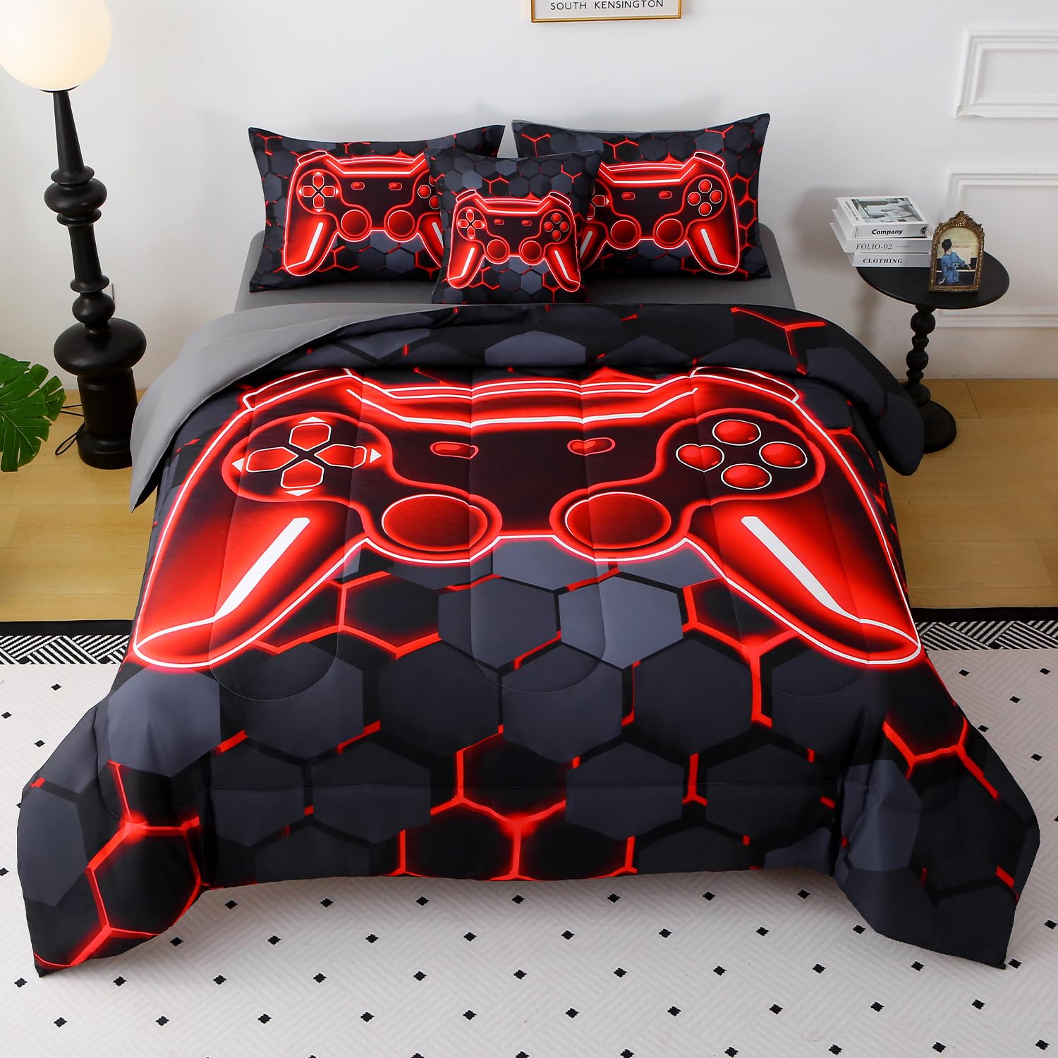JQinHome Full Size Gaming Bedding Set 6-Piece Comforter for Boys Teens - 3D Video Game Print Bed in a Bag with Sheets, Red Cool Black Design (Full)