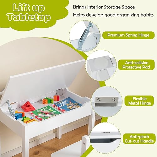 Miniatura 21 de HONEY JOY Juego de mesa y silla para niños, escritorio y silla de madera con cajón, soporte para rollo de papel y 2 rotuladores, juego de mesa de