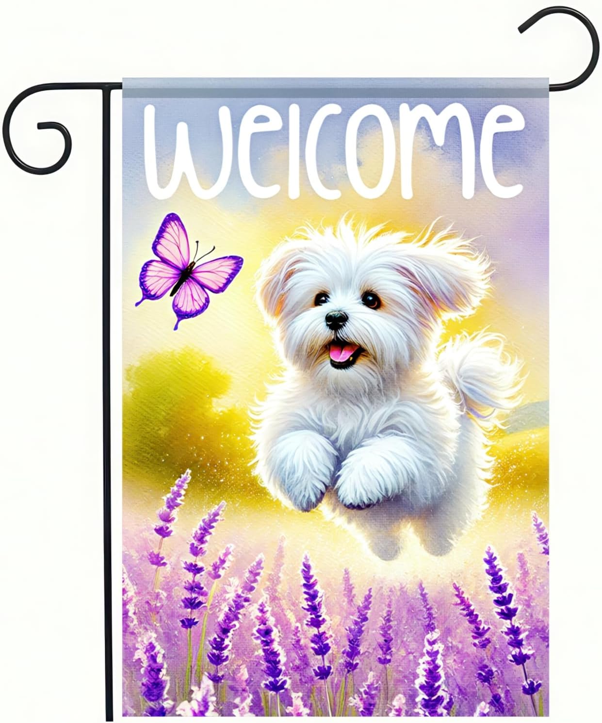 Welcome Spring Summer Garden Flag Maltese Dog Floral Welcome Garden Flag 12x18 Inch Double Sided Yard Flags Spring Outdoor Decorative Flags for Lawn Patio Porch