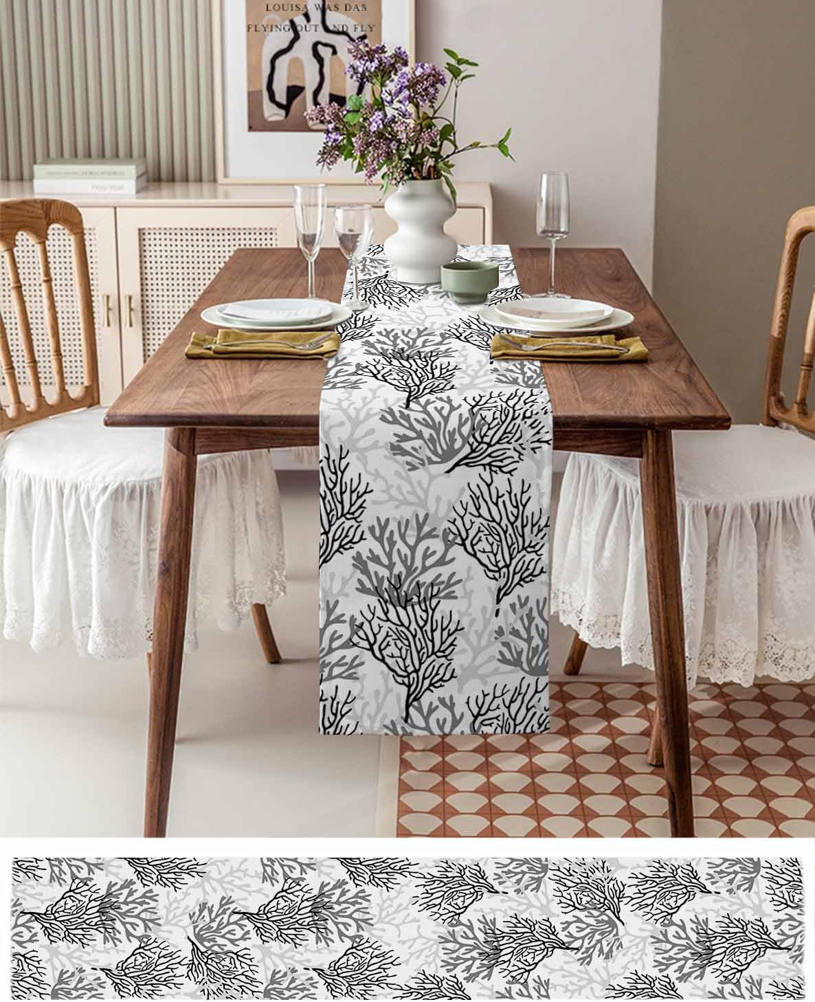 Black Gray Coral Coastal Cotton Linen Rectangle Table Runners 13"x120", Summer Beach Seaside Nautical Coffee Table Runner Dresser Scarves Luxury Table Runners for Wedding Party Banquet Dinner Decor