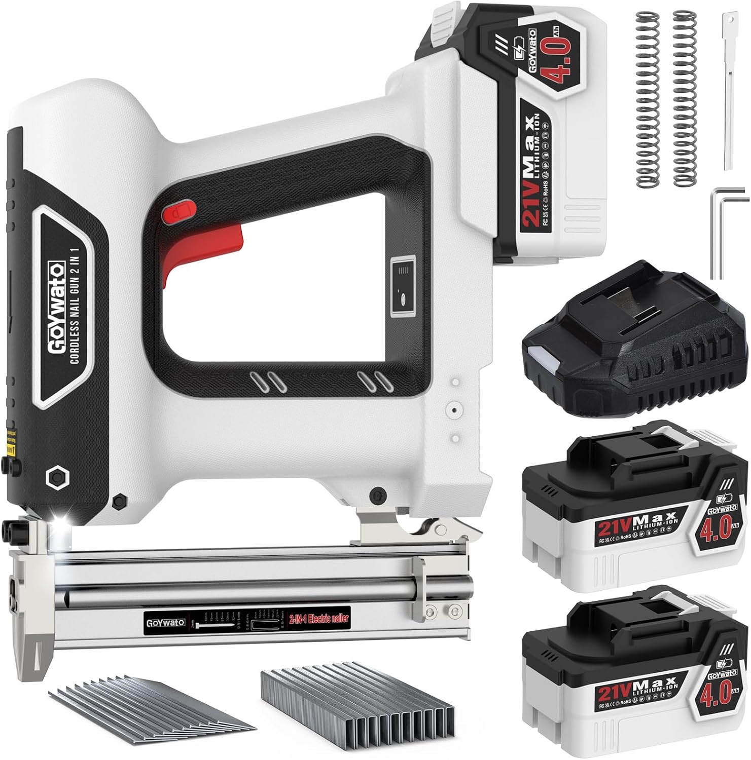 2-In-1 Cordless Nail Gun - 21V Battery Powered 18 Gauge Electric Brad Nailer with 2 x 4.0Ah Batteries & Charger & 1000 Nails & 1000 Staples for DIY & Home Improvement & Wood & Upholstery & DIY