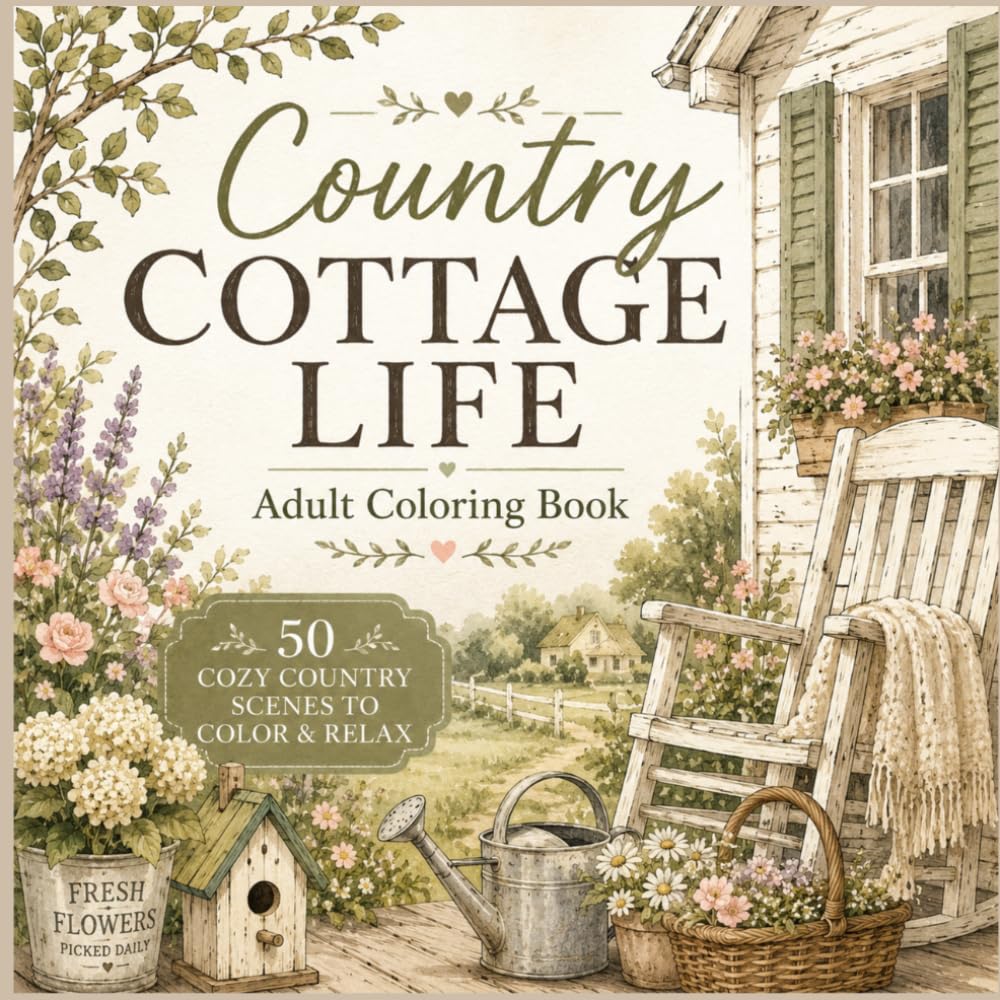 Country Cottage Life Adult Coloring Book: 50 Cozy Cottagecore Scenes, Gardens, Farm Animals & Peaceful Country Escapes for Relaxation and Stress Relief