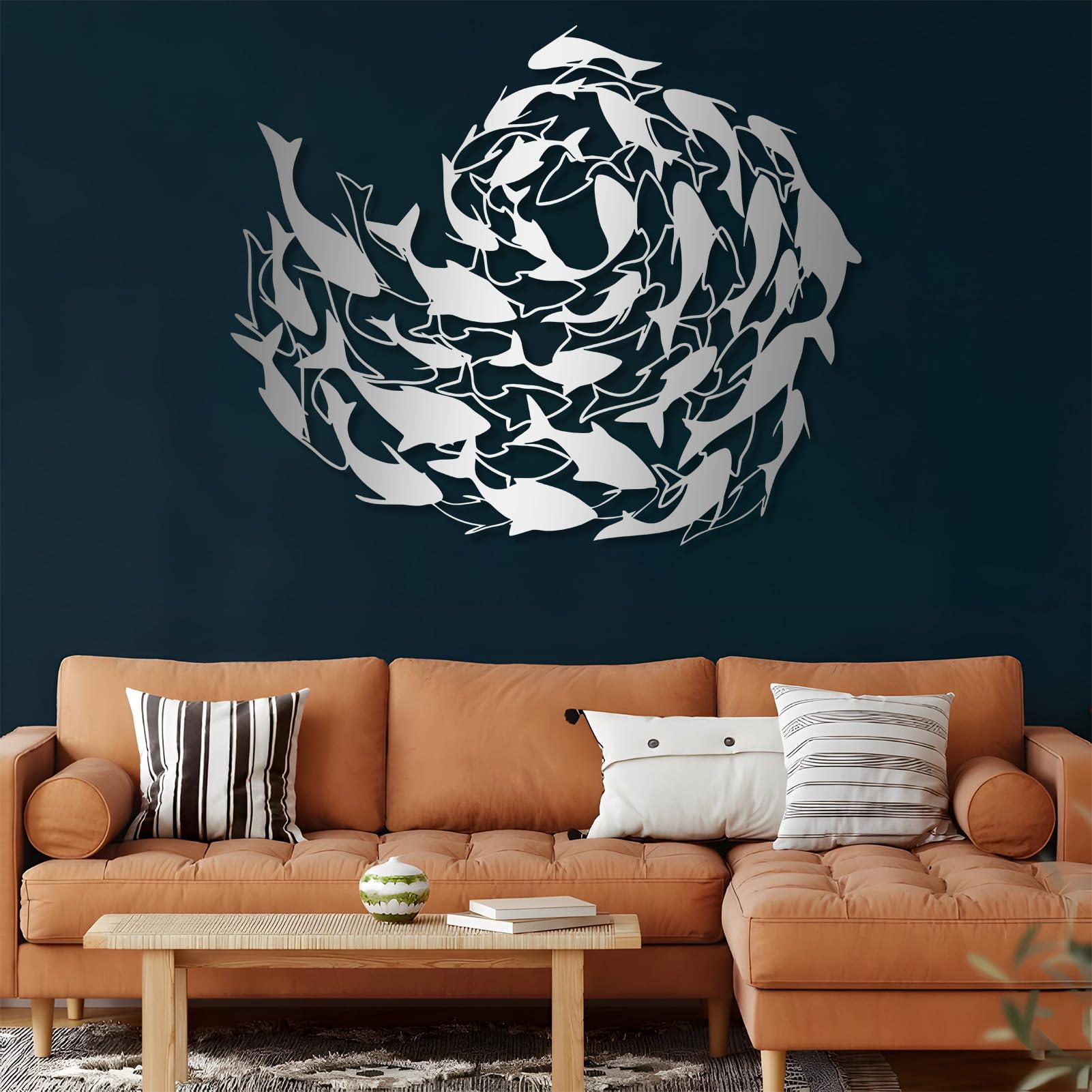 Metalowa dekoracja ścienna Wisząca rzeźba przedstawiająca morską ławkę rybną do salonu sypialni lub łazienki czarna 60 x 49 cm (24 x 19 cali)