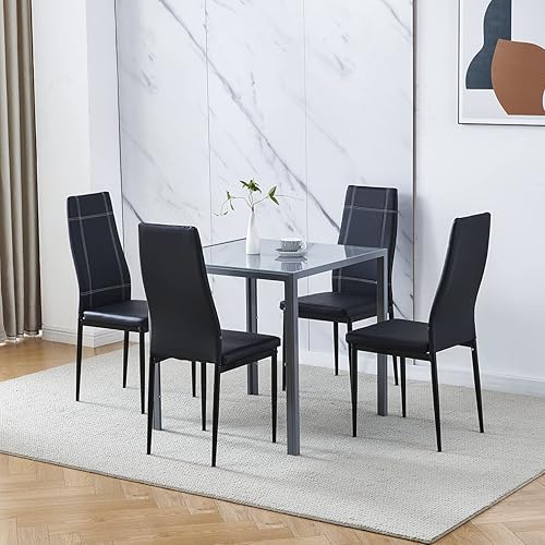 Miniatura 13 de Juego de 4 mesas de comedor y sillas de comedor de cristal negro de 5 piezas, moderna mesa cuadrada de cocina pequeña y 4 sillas de comedor que