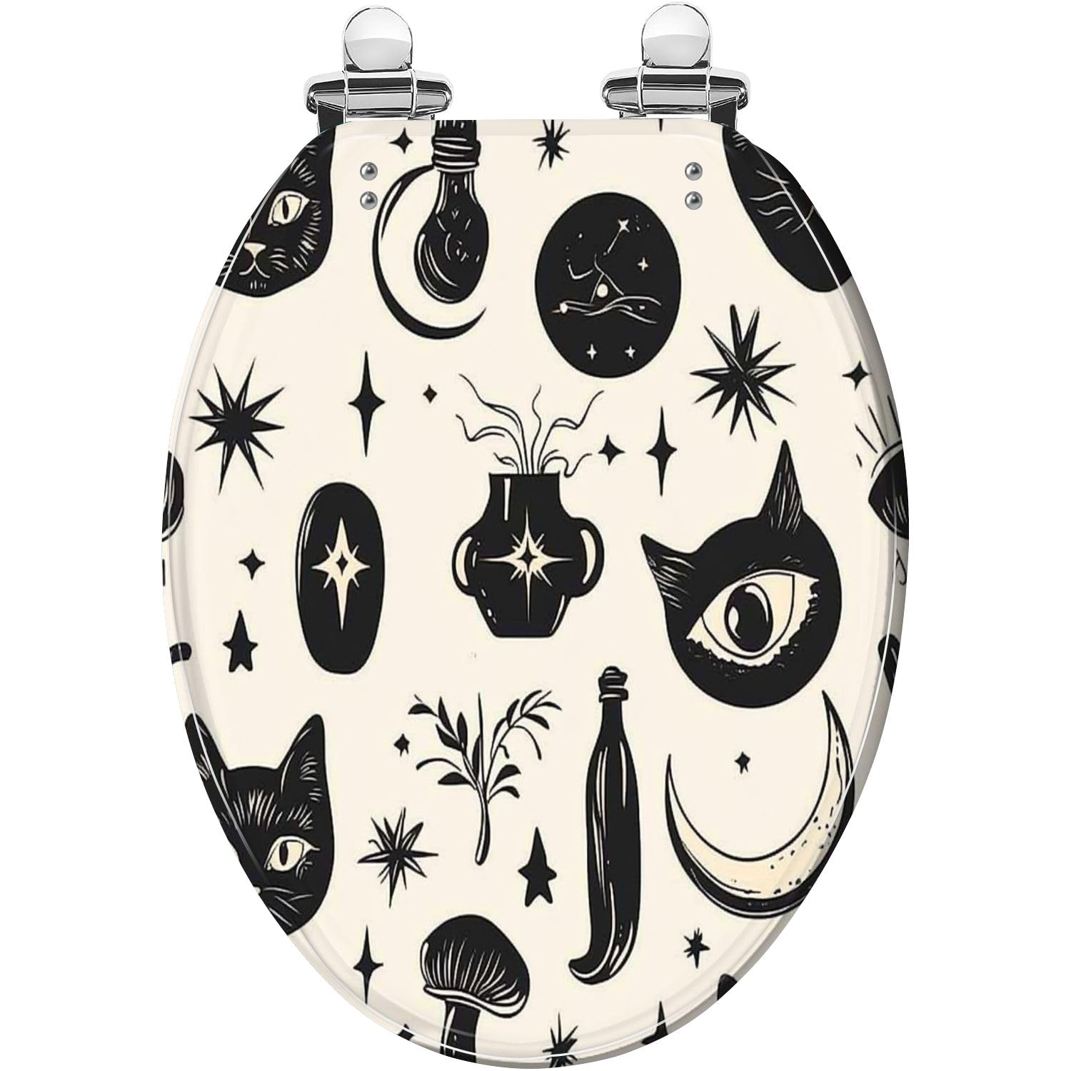 Elongated Toilet Seat Esoteric things linocut style Square seamless Pattern Hand drawn Art Resin Toilet Seat with Cover Easy to Install Quietly Close