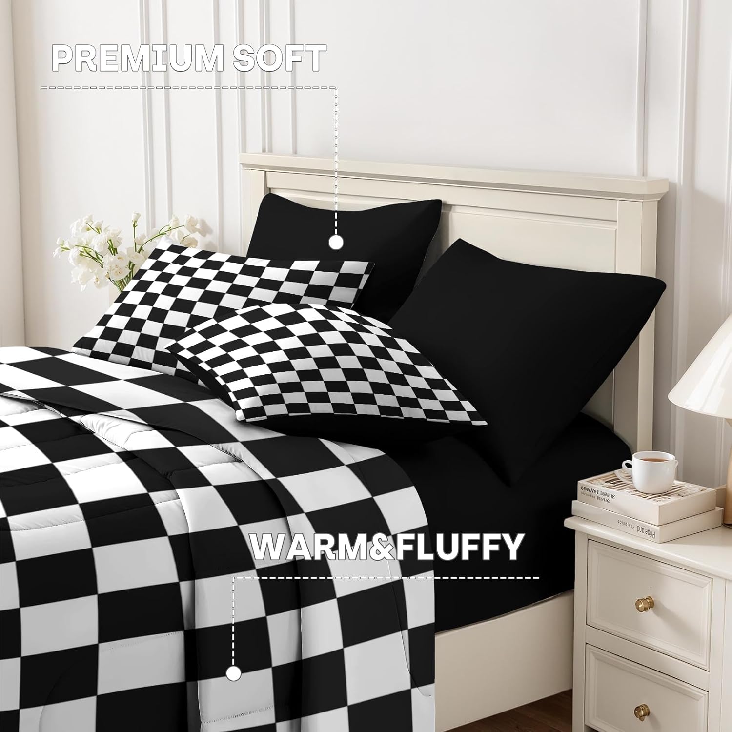 Nesker Comforter Set Twin Size, Black White Checkered 5 Pcs Bedding for Kids and Adults, Cute Retro Gingham Grid Bed Sheet Sets with Fitted Sheet Pillowcase & Sham