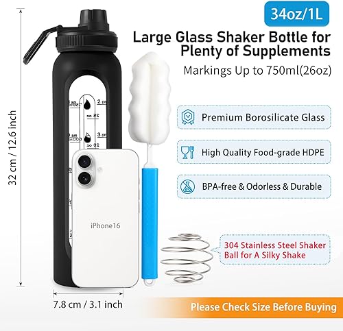 Miniatura 2 de Botella agitadora de vidrio de 34 oz1 L, botella mezcladora de proteínas de vidrio negro con bola agitadora, botellas grandes para mezclas de
