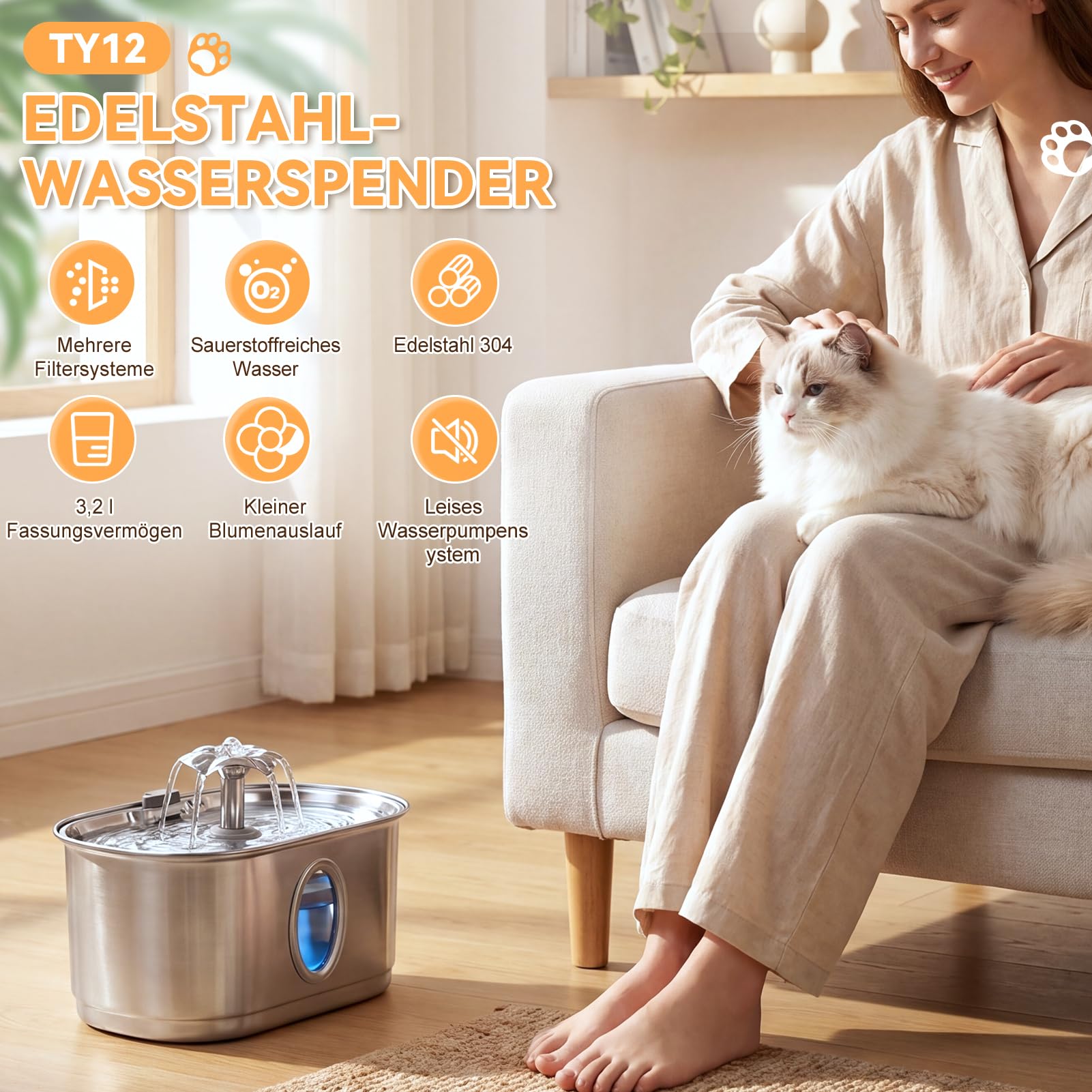 Katzentrinkbrunnen Trinkbrunnen für Katze mit 2 Filter 2 Schwamm | 3,2L, Ovales Sichtfenster, Leiser Betrieb, Edelstahl 304, mit USB-Anschluss, TY12