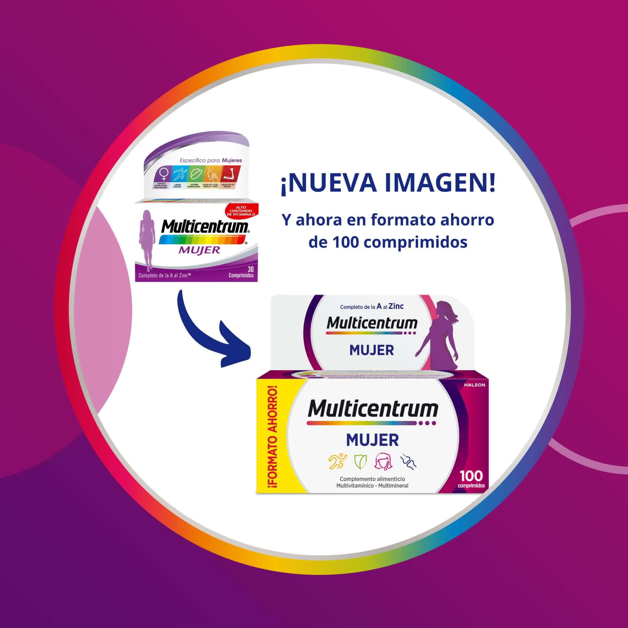 Multicentrum Mujer Complemento Alimenticio Multivitamínico y Multimineral Para Mujeres, Con Vitamina C y Zinc, Sin Gluten, 100 Comprimidos