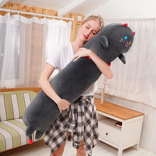 Miniatura 3 de Almohada larga de felpa con forma de gato, 36 pulgadas, lindo gato negro de peluche kawaii, peluche suave, almohada de peluche de gatito, juguete de