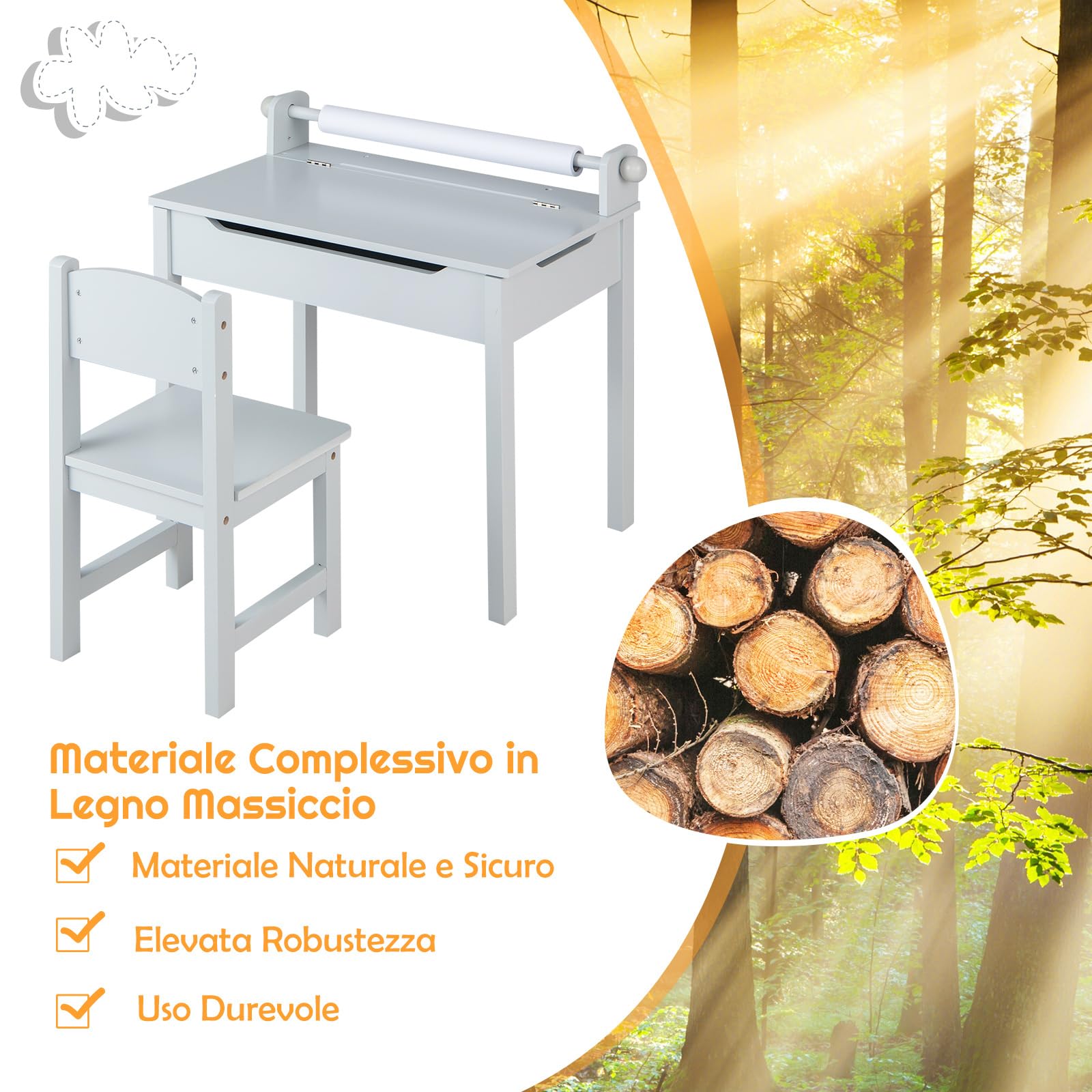 COSTWAY Set Tavolo e Sedia d’Arte per Bambini 3+ Anni, Scrivania in Legno di Pino da Disegno con Portarotolo, Piano Ribaltabile & Vano Portaoggetti, Rotolo di Carta (10m) e 2 Pennarelli (Grigio)