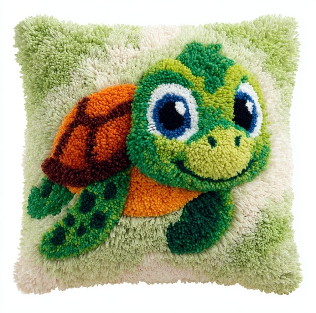 AxiangziK Beginners DIY Crochet Pillow Kit,Cartoon Turtle Pre-Printed Pillowcase Hook and Latch Rug Kits 17X17 Inch Needlework Cushion Cover for Home Sofa Decoration