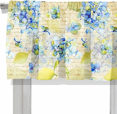 Miniatura 4 de Cenefa de cortina opaca con bolsillo para cortinero de hortensias azules en acuarela para decoración de cocina, dormitorio, 52 x 18 pulgadas, azul