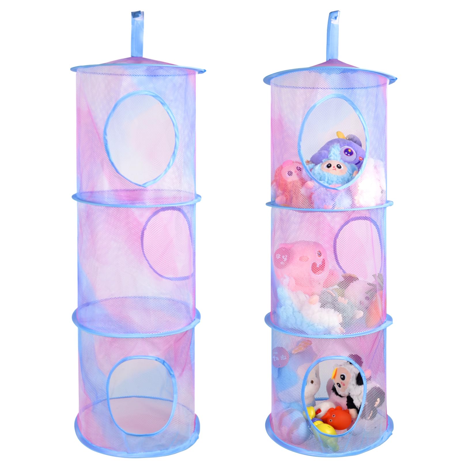 Hanging Mesh Stuffed Animal Storage - 3 Tiers 2 Pack Large Plush Toys Net Organizer, Foldable Space Saver Bags Plushie Basket Organization Holder for Kids Girl Room Bedroom Playroom Blue and Purple-image-8