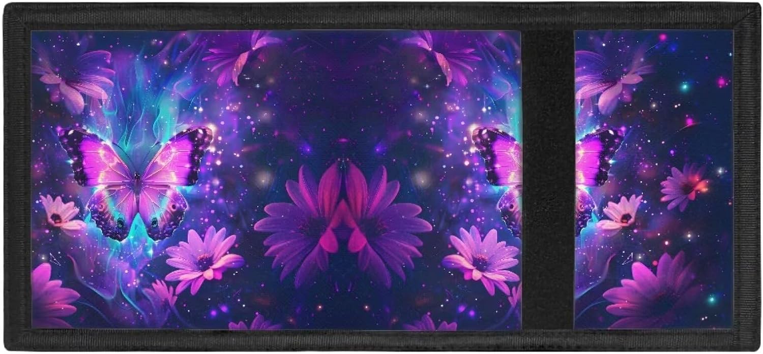 Kids Wallet for Girls Butterfly Purse with Coin Pockets Money Clip Organizer Cute Trifold Wallets for School Travel Outdoor Shopping Purple Flowers