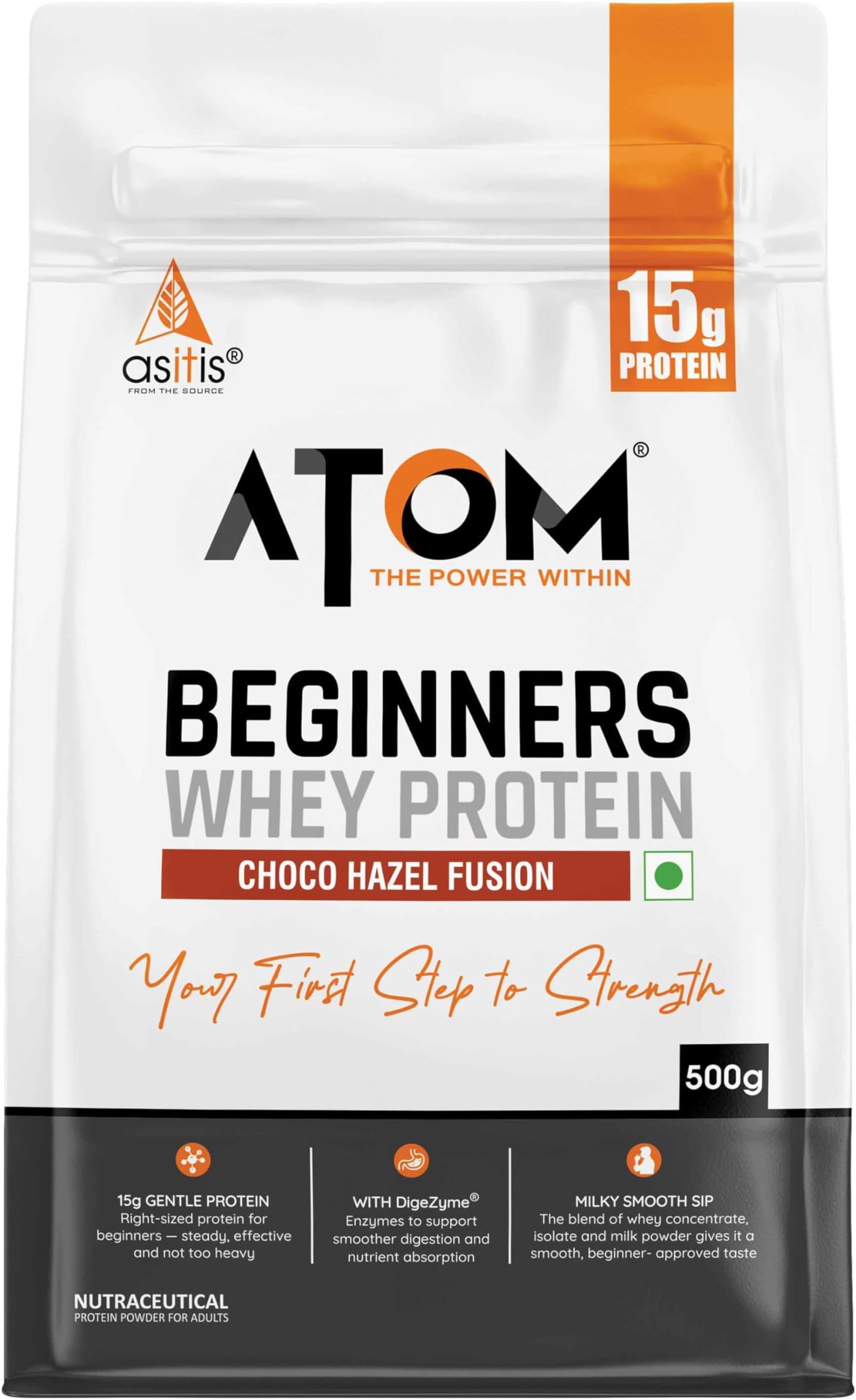 Asitis Nutrition ATOM Beginners Whey Protein 500g | Accelerates Muscle-building | Increases Body Strength | Choco Hazel Fusion