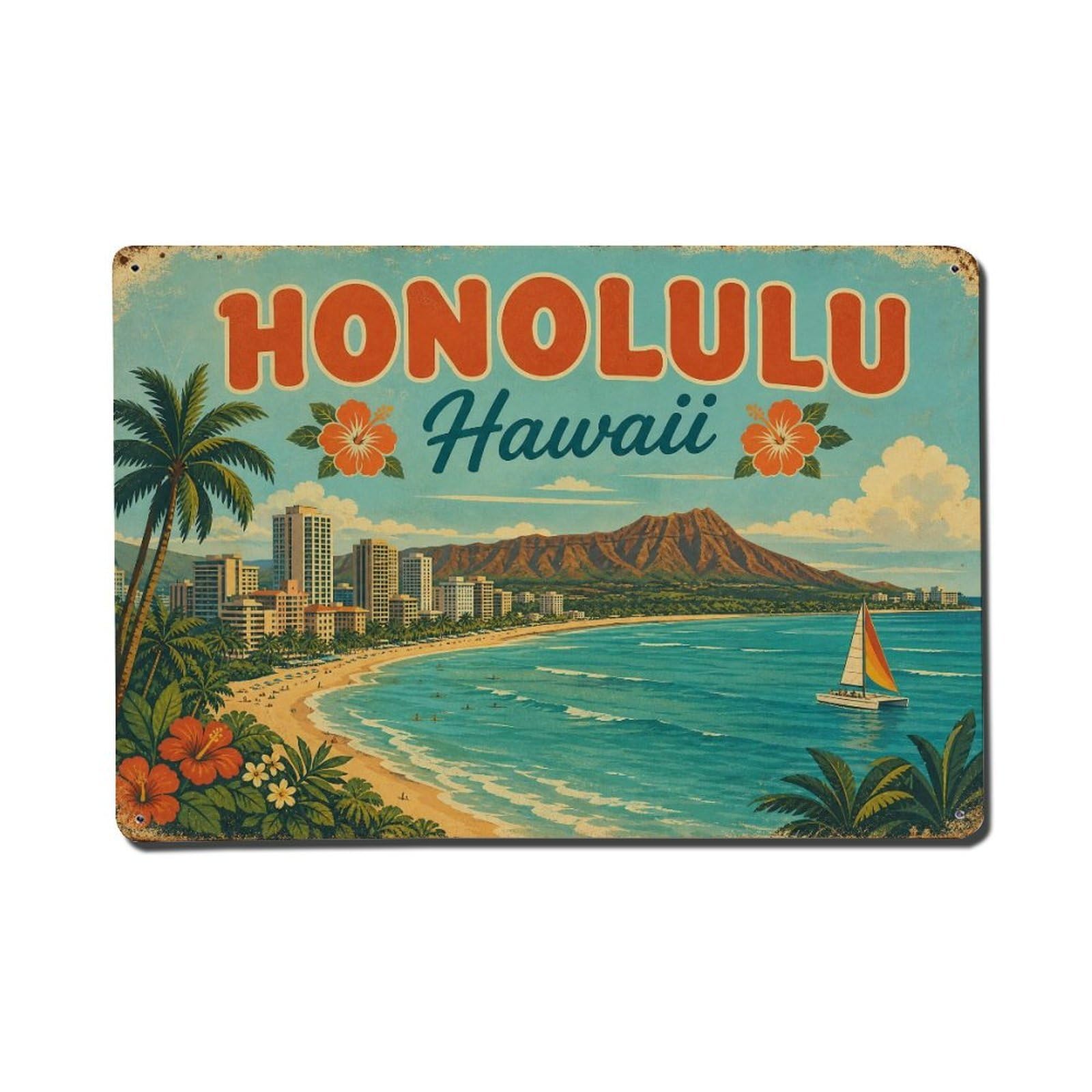 Honolulu Hawaii Beach Island Coastline Heritage Travel Metal Tin Sign
