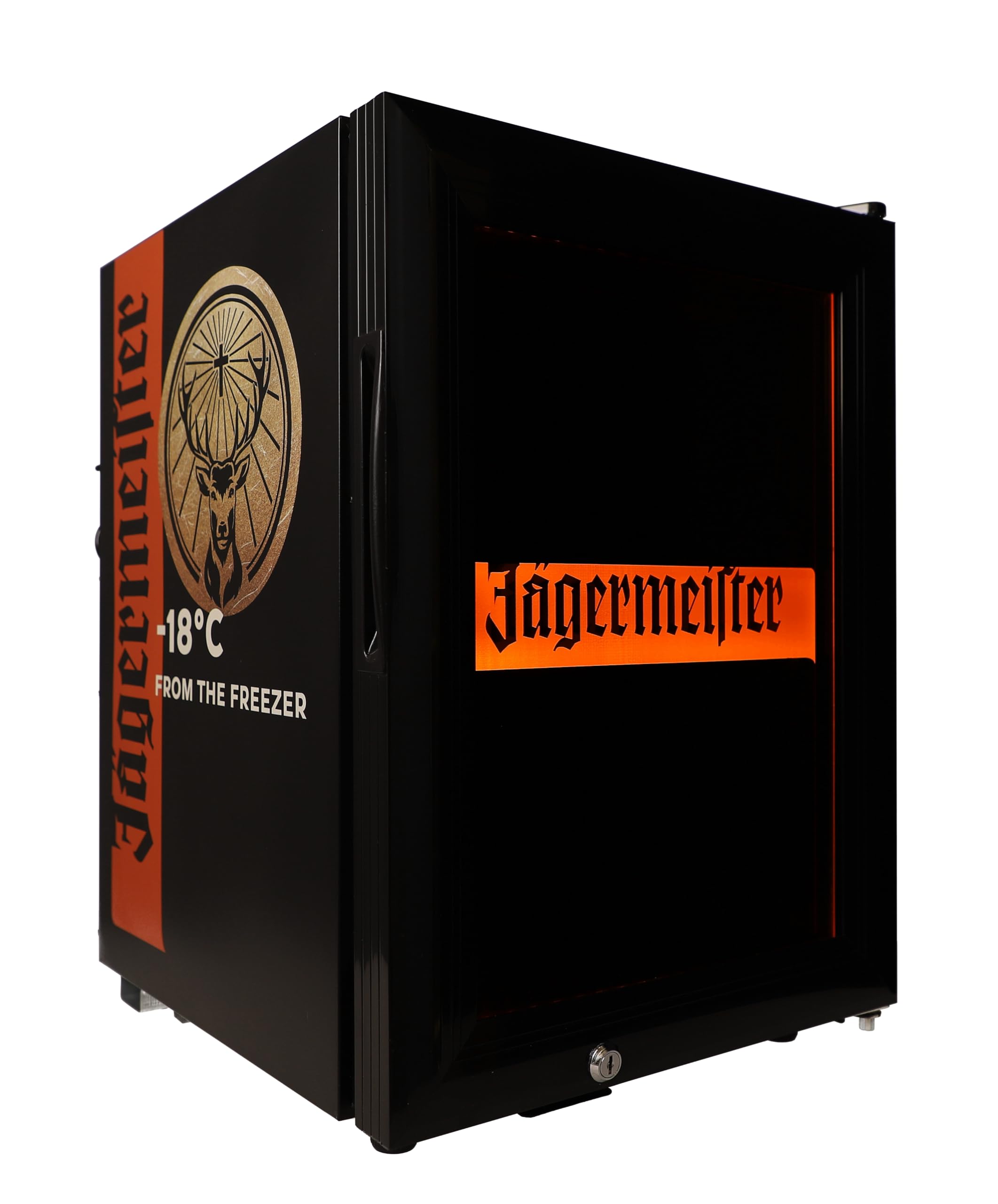 Jägermeister Mini Gefrierschrank – Mini Freezer mit LED-Beleuchtung für eiskalte Shots – 21L Tiefkühler für Hausbar & Gastronomie – 35 x 42 x 50 cm, 20 kg
