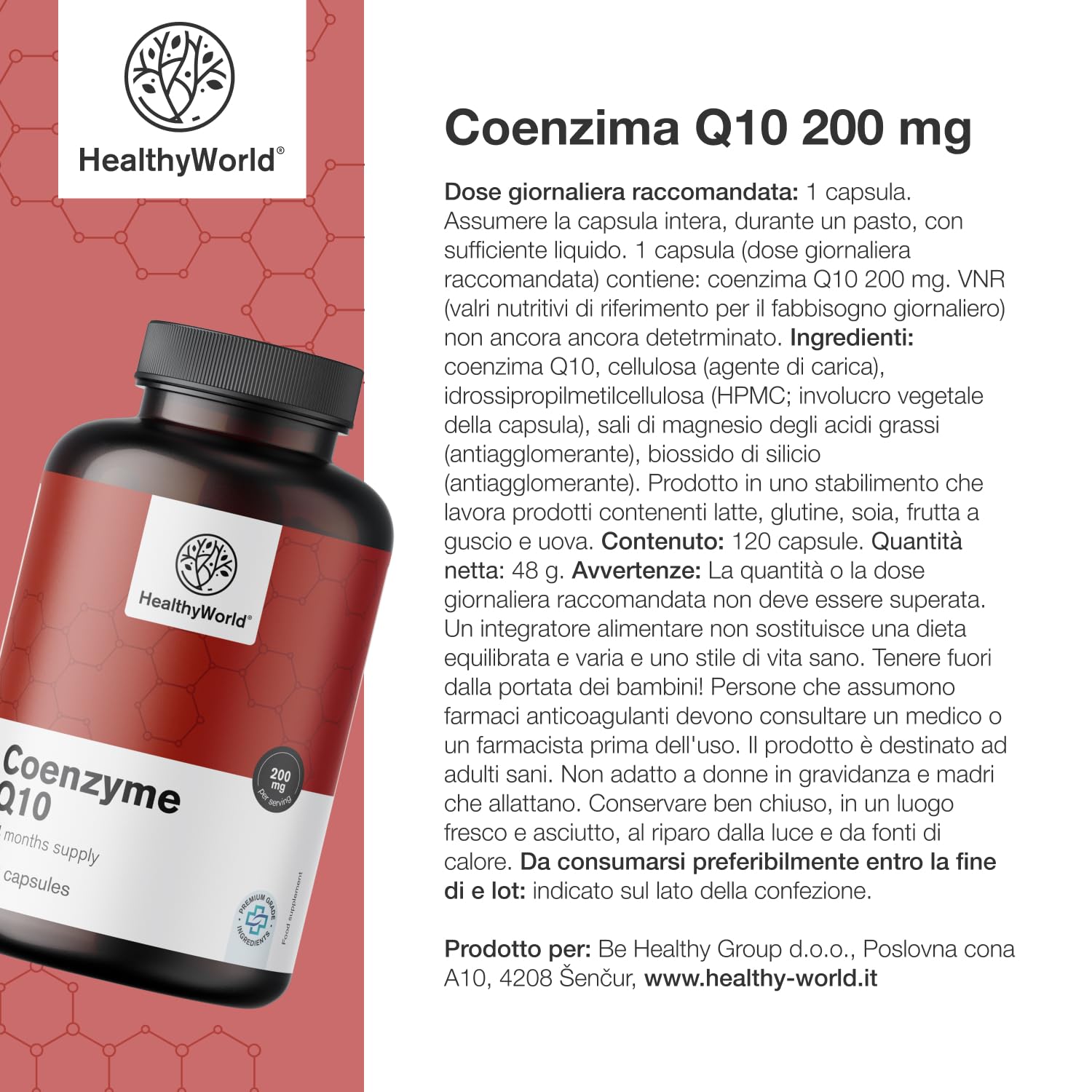 HealthyWorld® Coenzima Q10 200 mg - Alto contenuto, Foritura ottimale - 120 Capsule Vegetali - scorta per 4 mesi – 200 mg di Coenzima Q10 per capsula - Aumento di Energia, Azione Anti-age