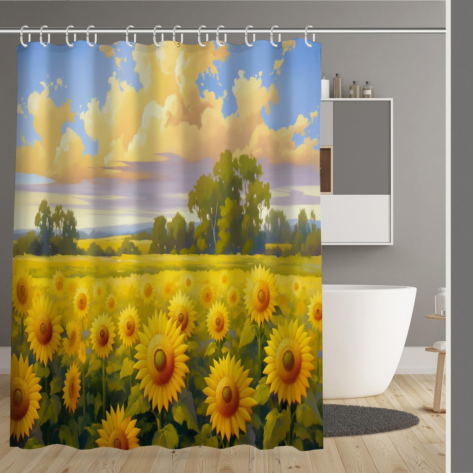 Rideau de douche 180x180 cm tournesol en polyester imperméable lavable avec 12 anneaux